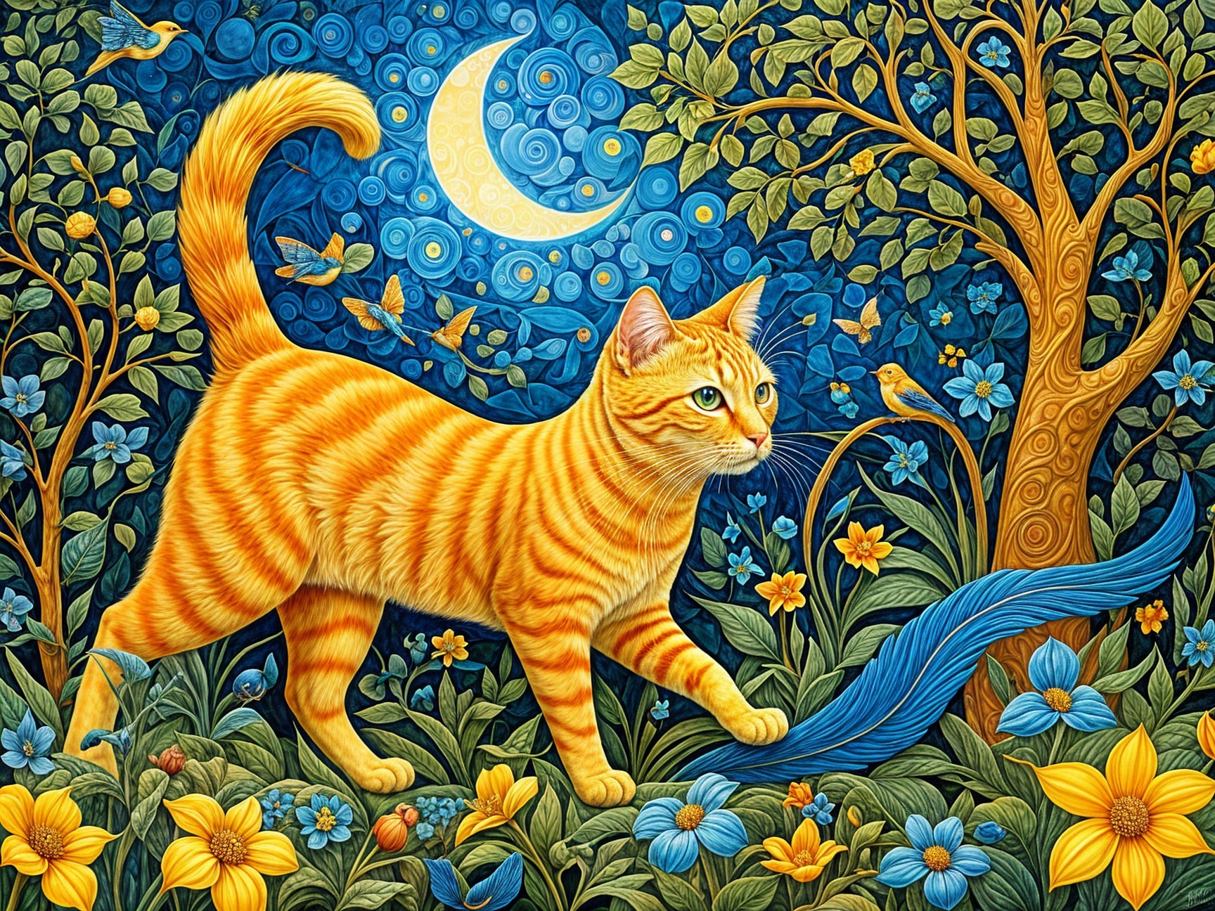 Whimsical Garden Scene with Orange Tabby Cat and Moon