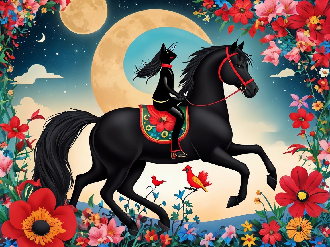 Black Horse Galloping in Vibrant Floral Landscape