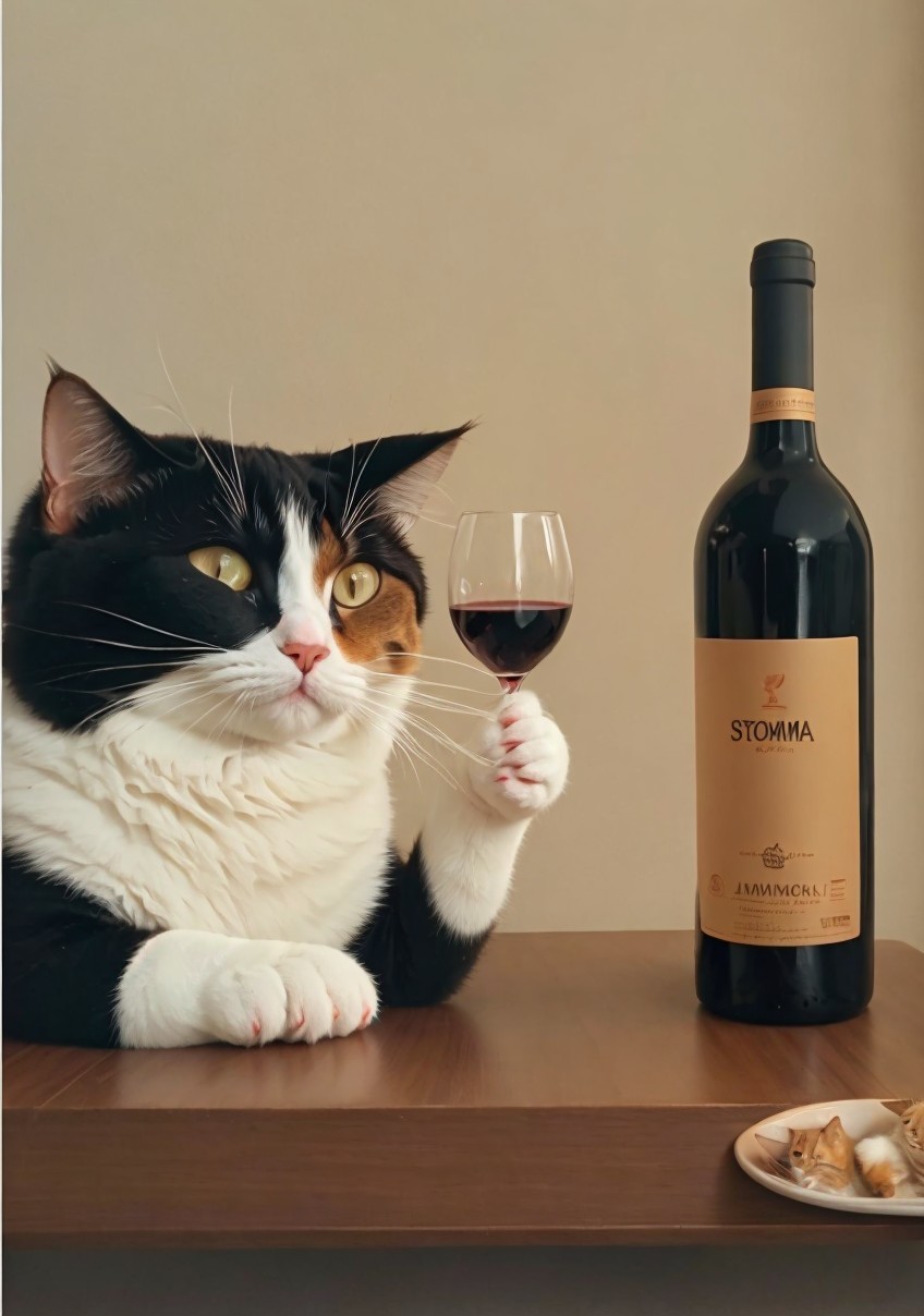 Calico Cat with Wine and Snacks at Wooden Table