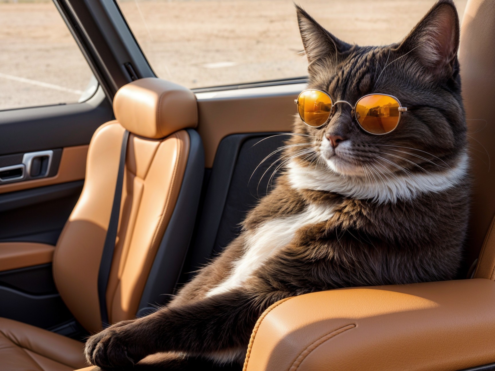 Stylish Cat in Car with Trendy Sunglasses and Leather Seats