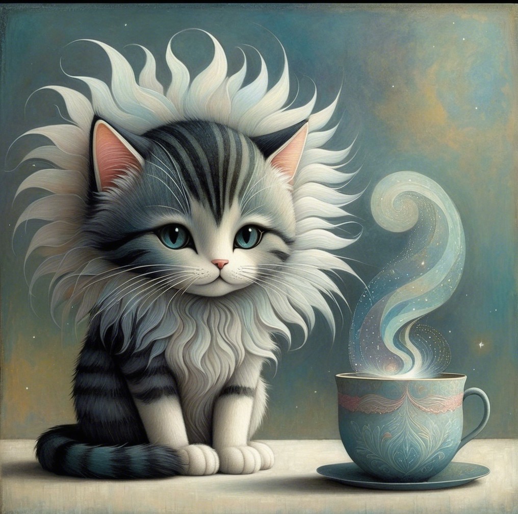 Charming Cat with Teacup in Dreamy Background