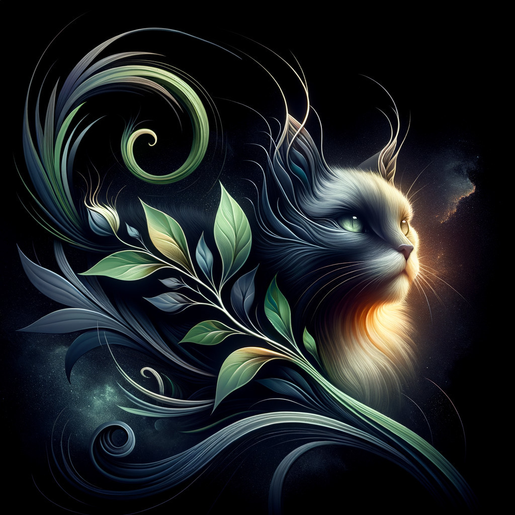 Ethereal Cat Surrounded by Cosmic Leaves and Tendrils