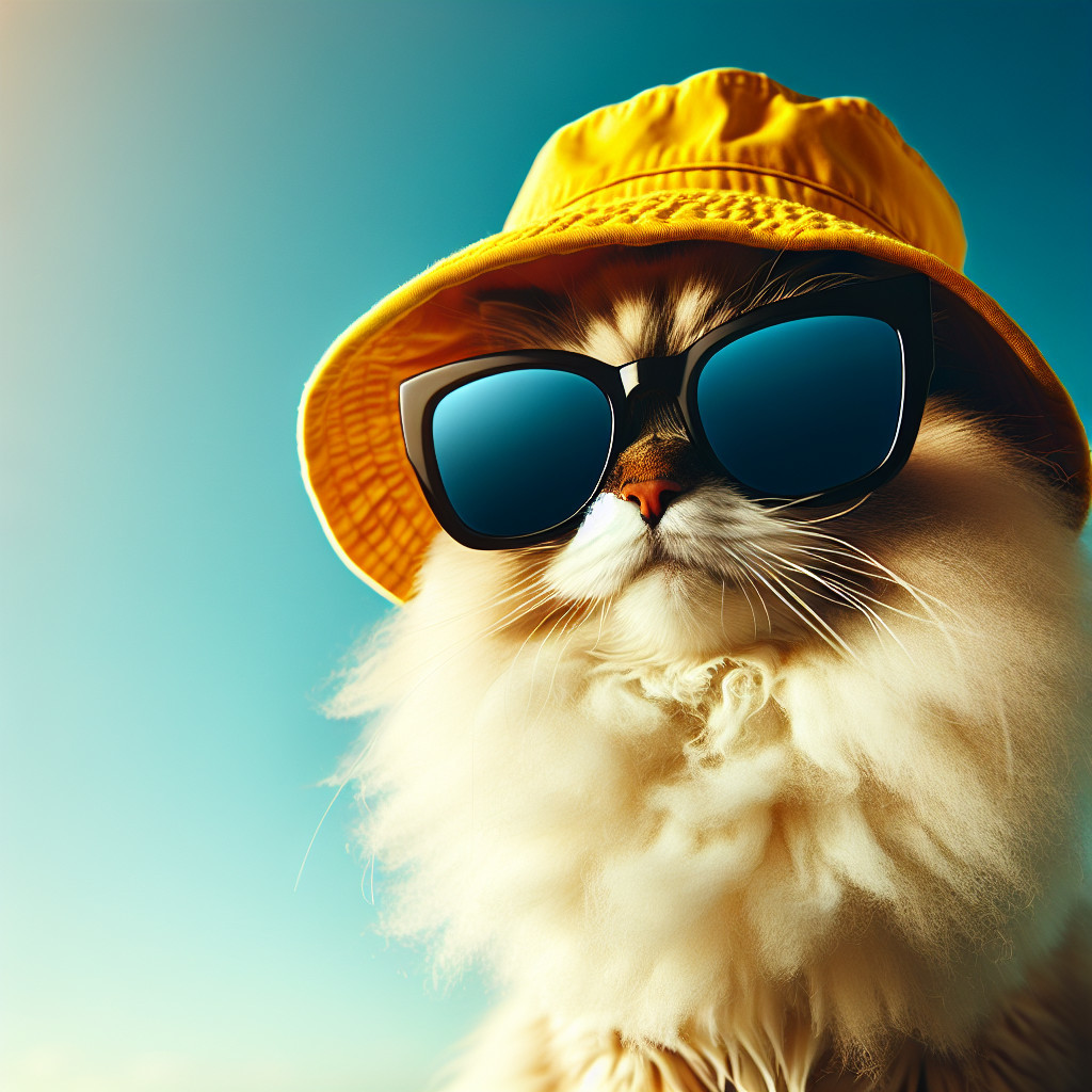 Fluffy Cat in Yellow Hat and Sunglasses Against Blue Sky