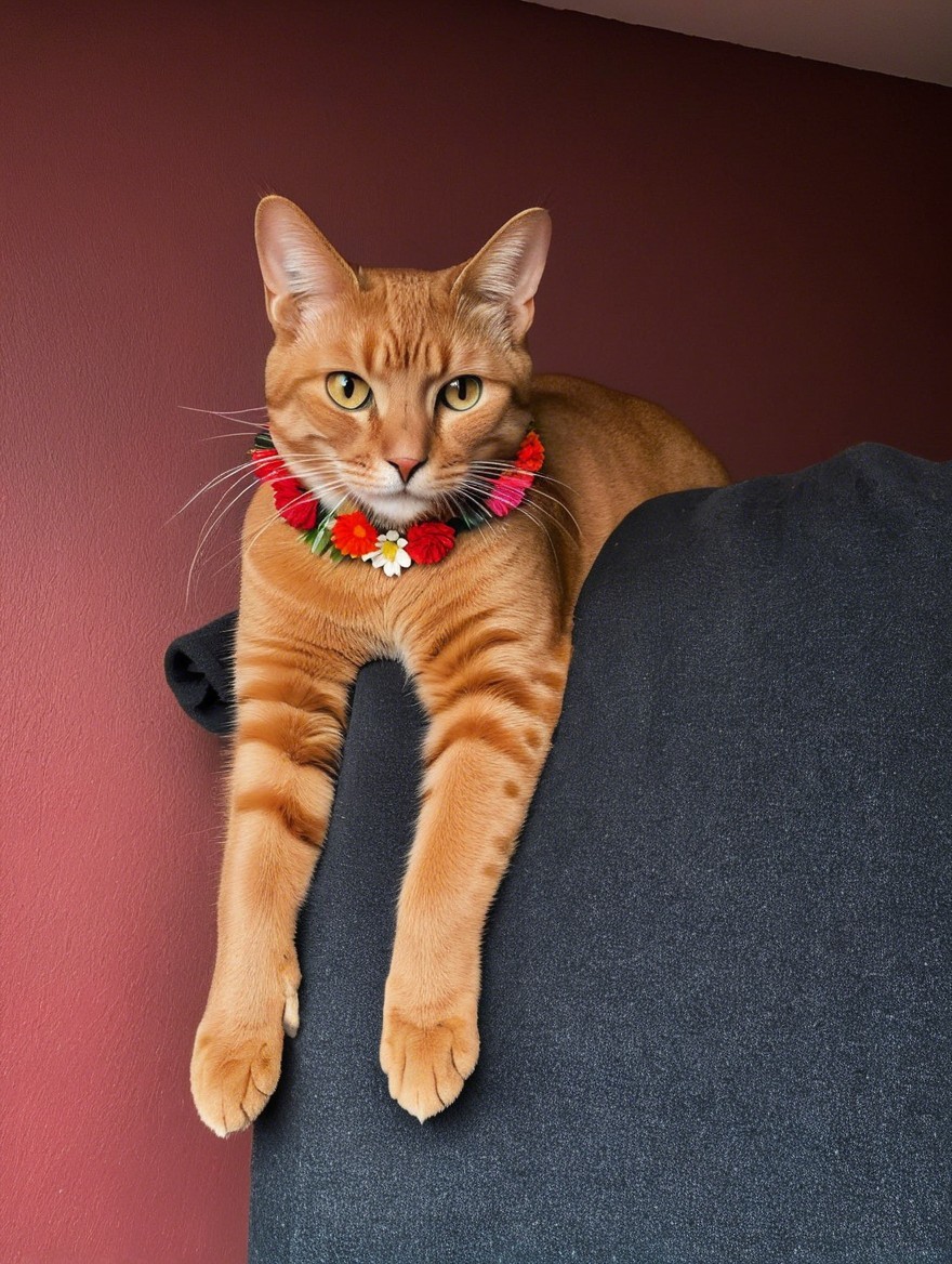 Orange Tabby Cat on Gray Couch with Flower Collar