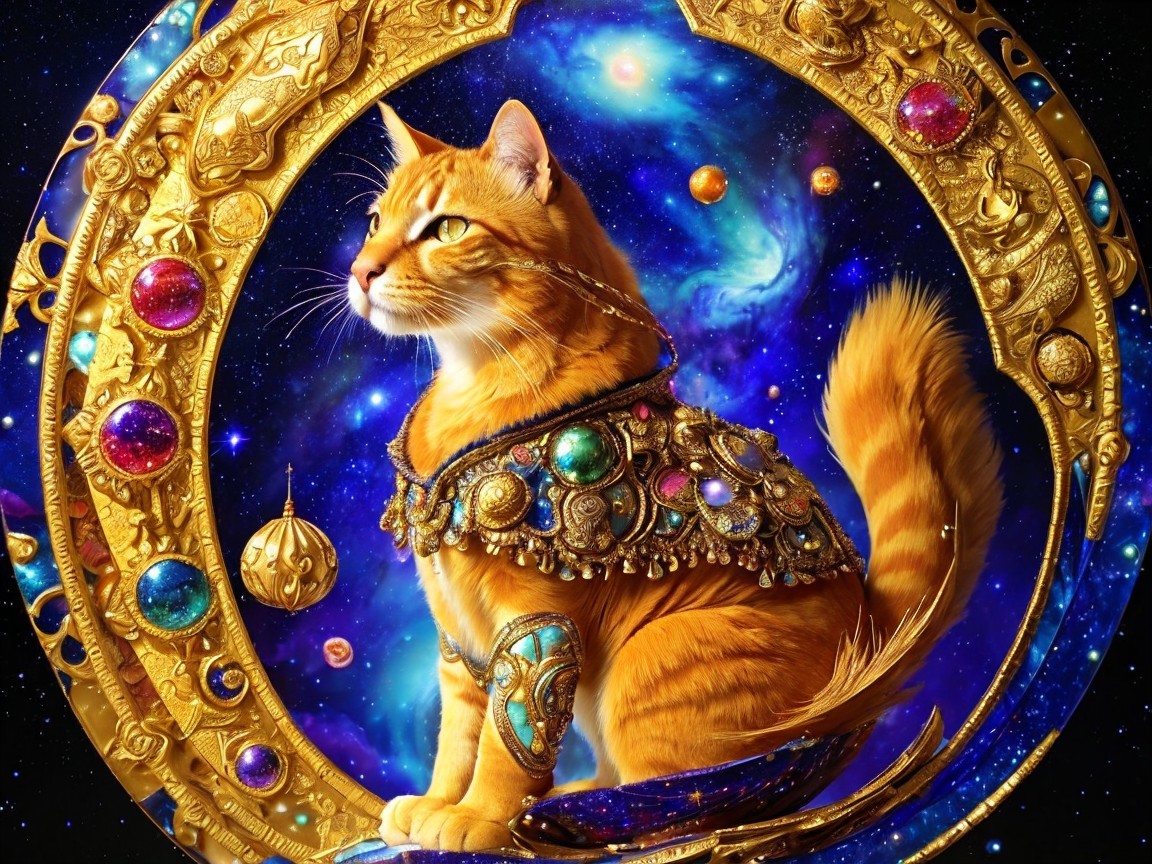 Regal Orange Cat in Cosmic Scene with Golden Jewelry