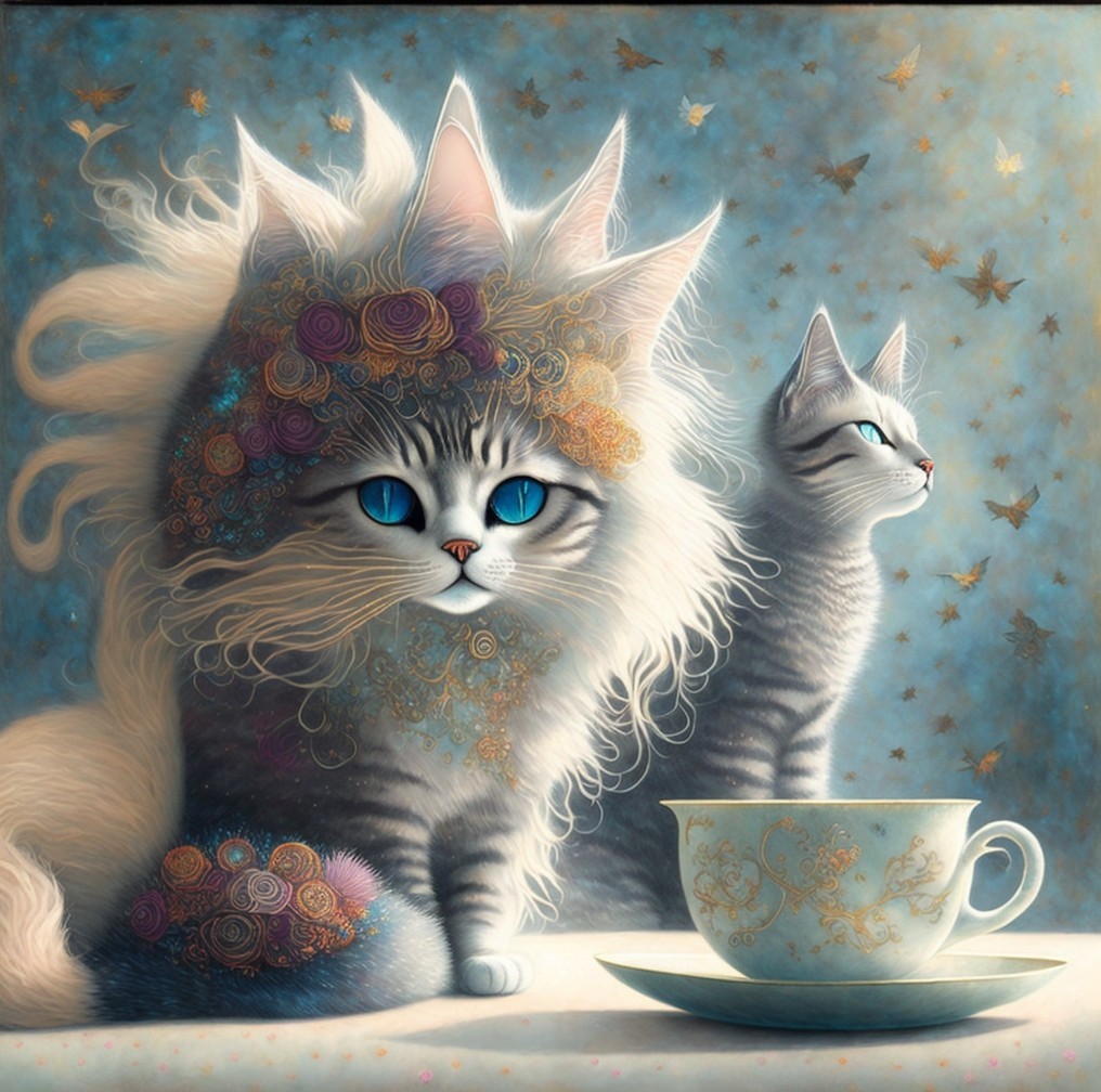 Whimsical Cats with Floral Patterns and Porcelain Cup