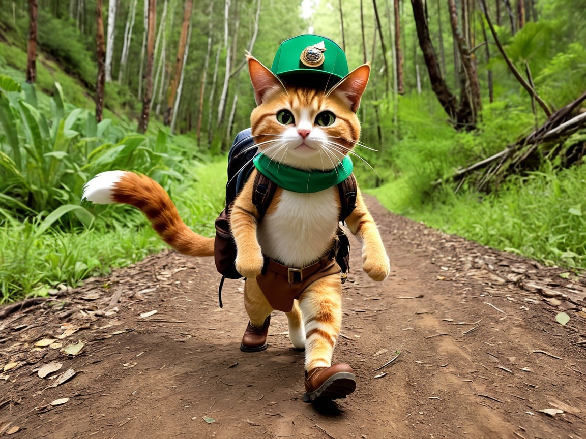 Whimsical Cat Explorer in Lush Forest Setting