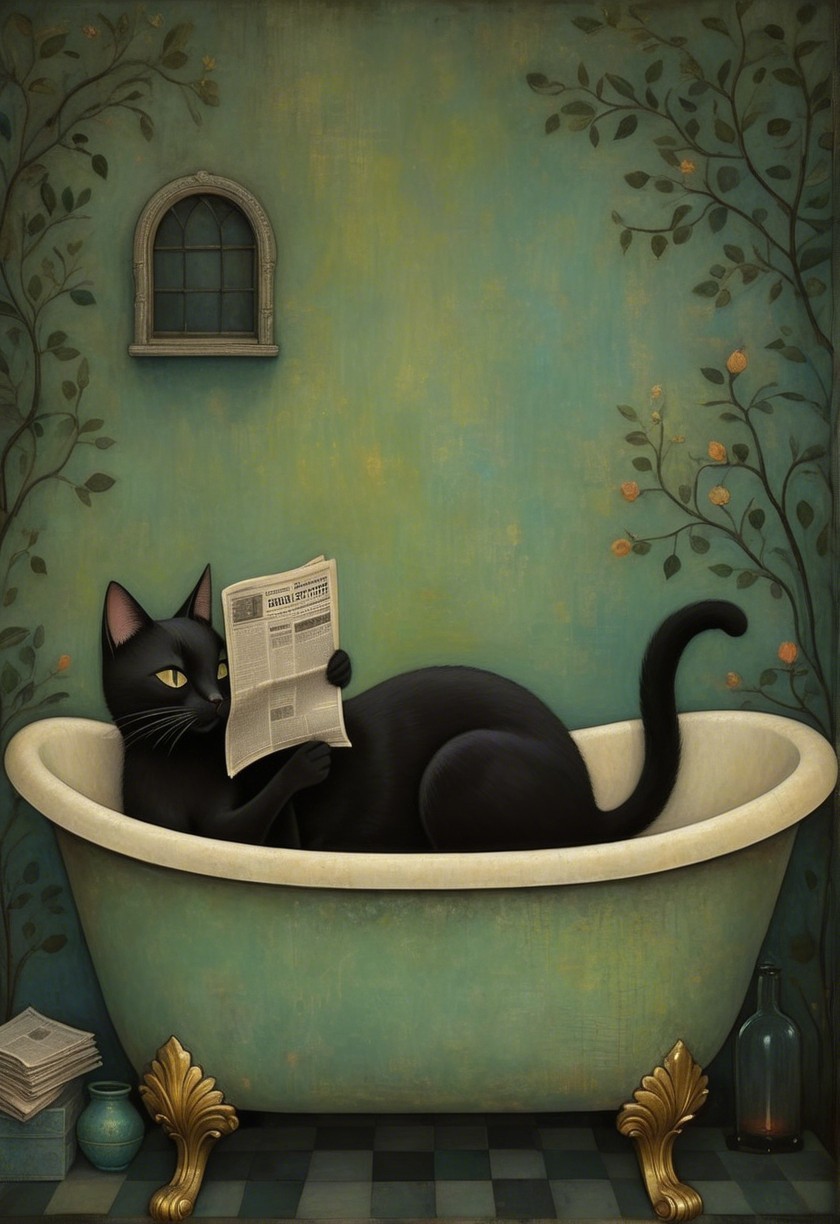 Black Cat in Vintage Bathtub Reading Newspaper