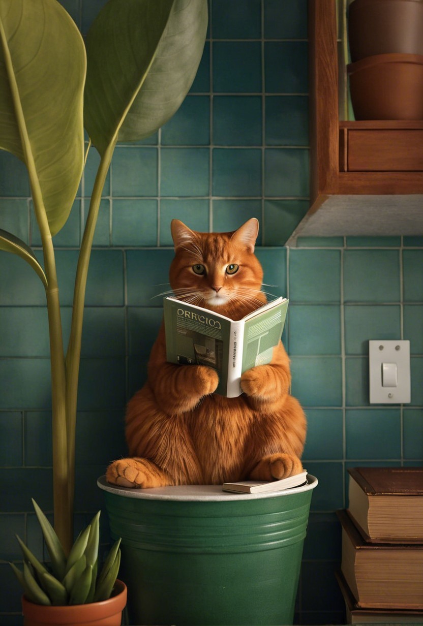 Orange Tabby Cat Reading on Green Bucket in Cozy Setting