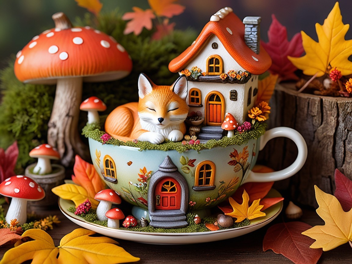 Whimsical Ceramic Teacup with Sleeping Fox and Mushrooms