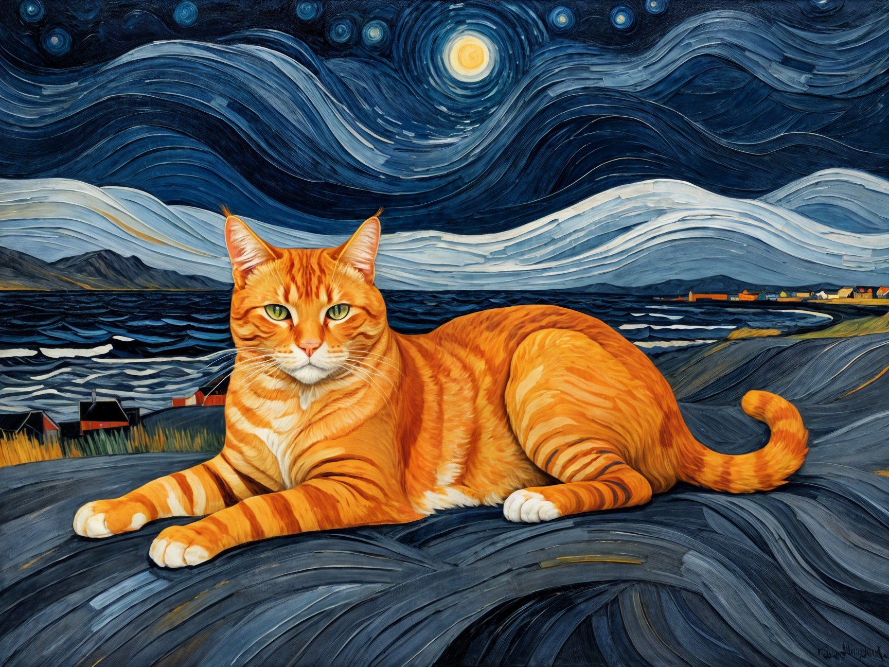 Tabby Cat Against Starry Night Landscape
