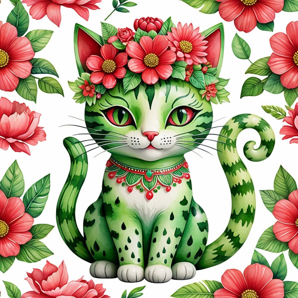 Illustrated green cat with floral crown and details