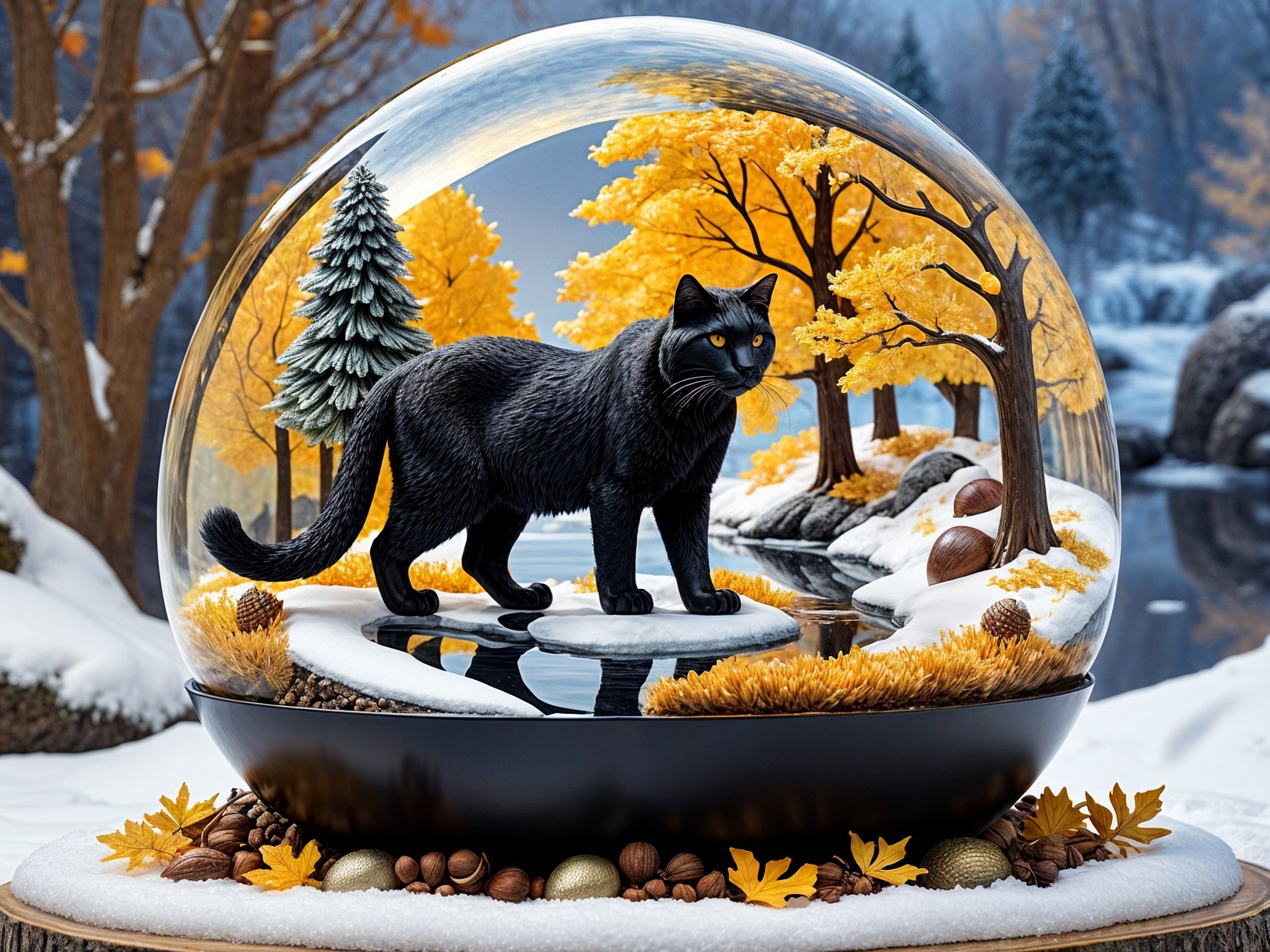 Snow Globe with Black Cat and Autumn Landscape