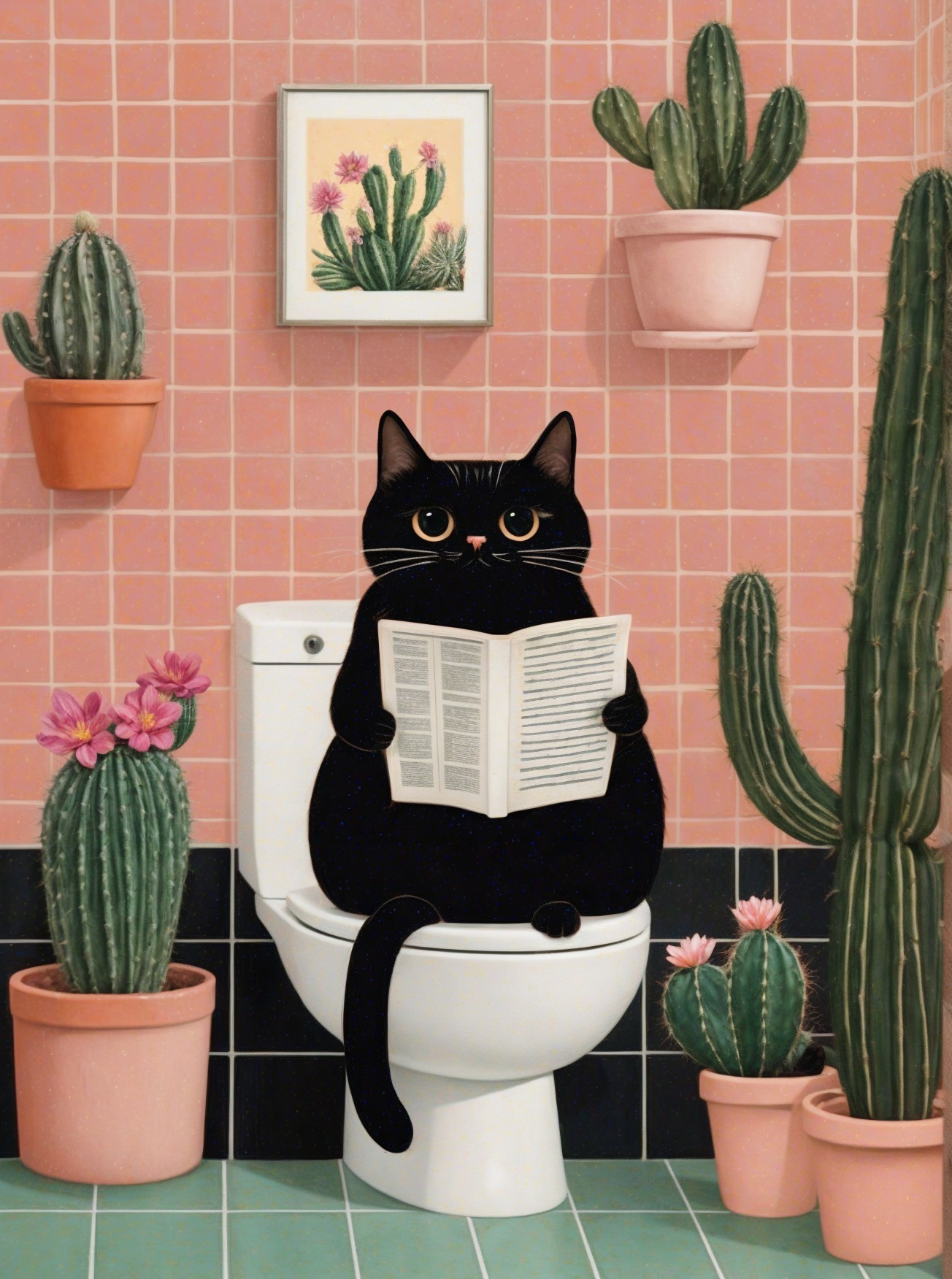 Black Cat Reading Newspaper in Whimsical Bathroom Scene