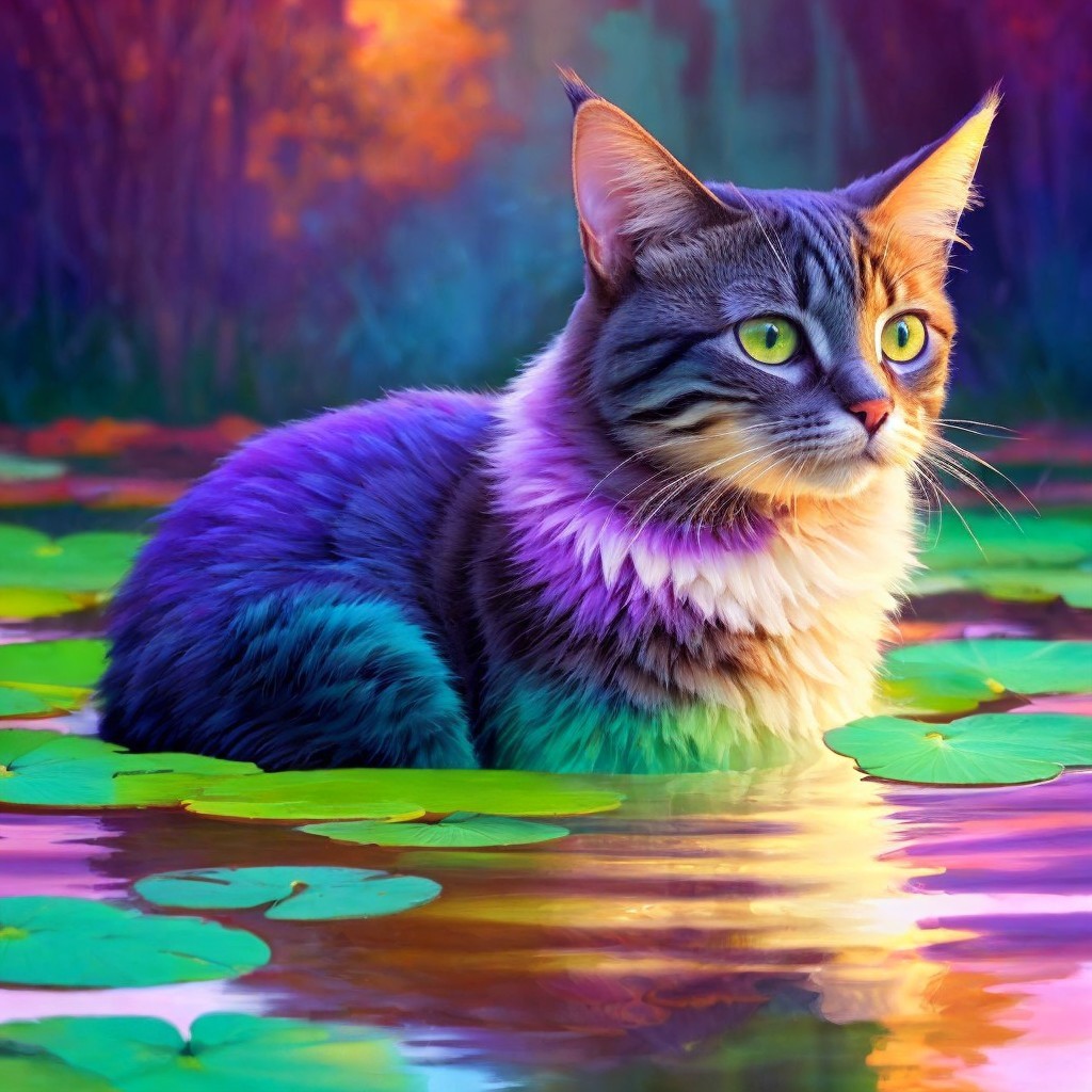 Majestic Cat in Tranquil Pond with Lily Pads