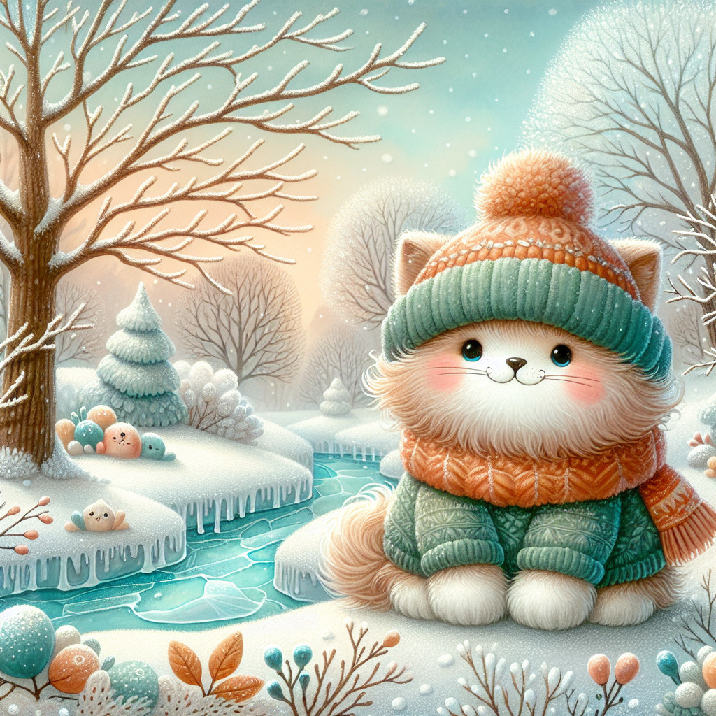 Fluffy Cartoon Cat in Cozy Winter Landscape Scene