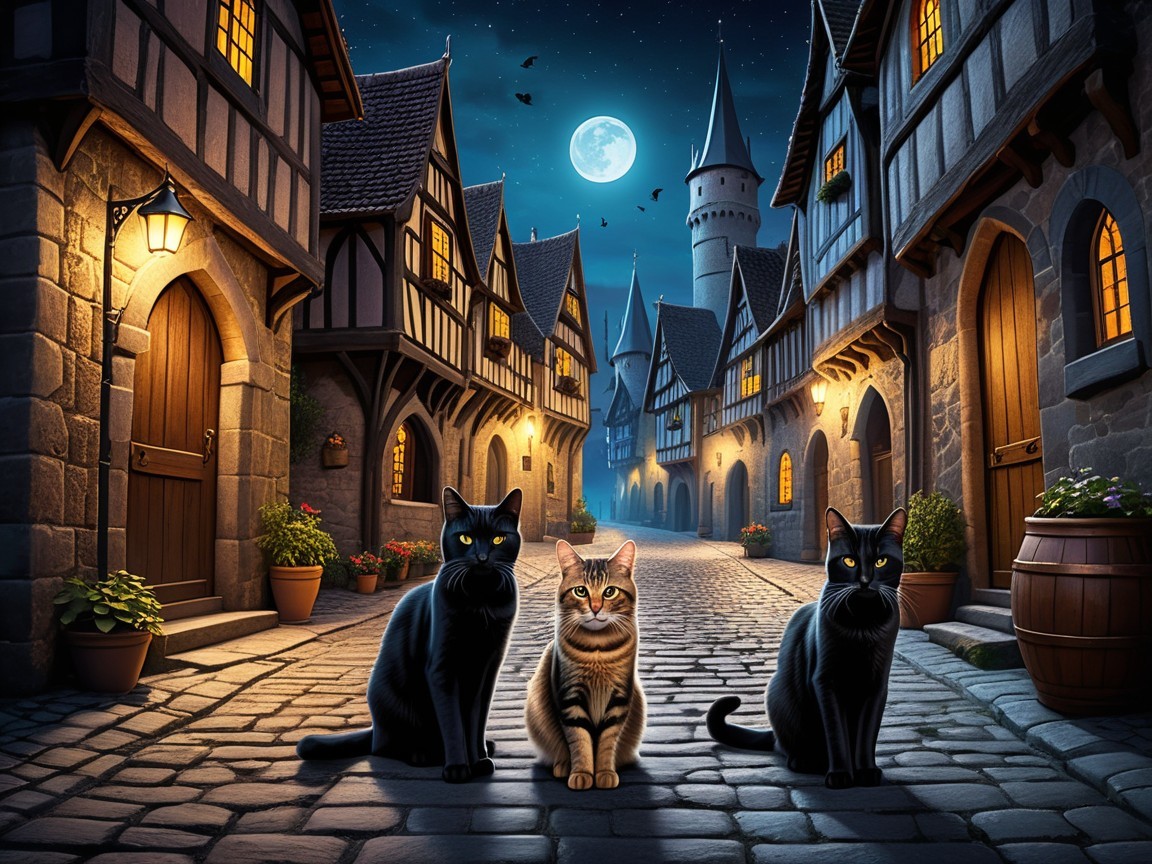 Medieval Village Street with Cats and Moonlit Charm