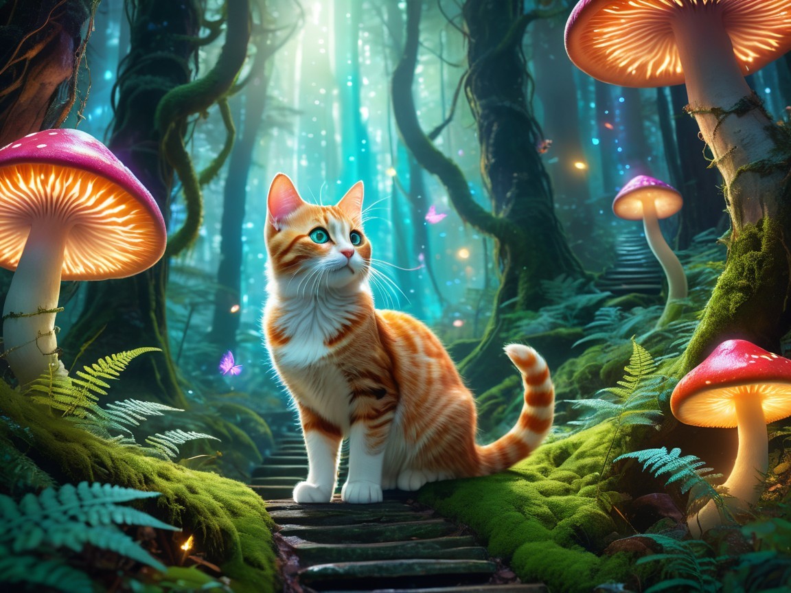 Orange Tabby Cat in Enchanted Mushroom Forest