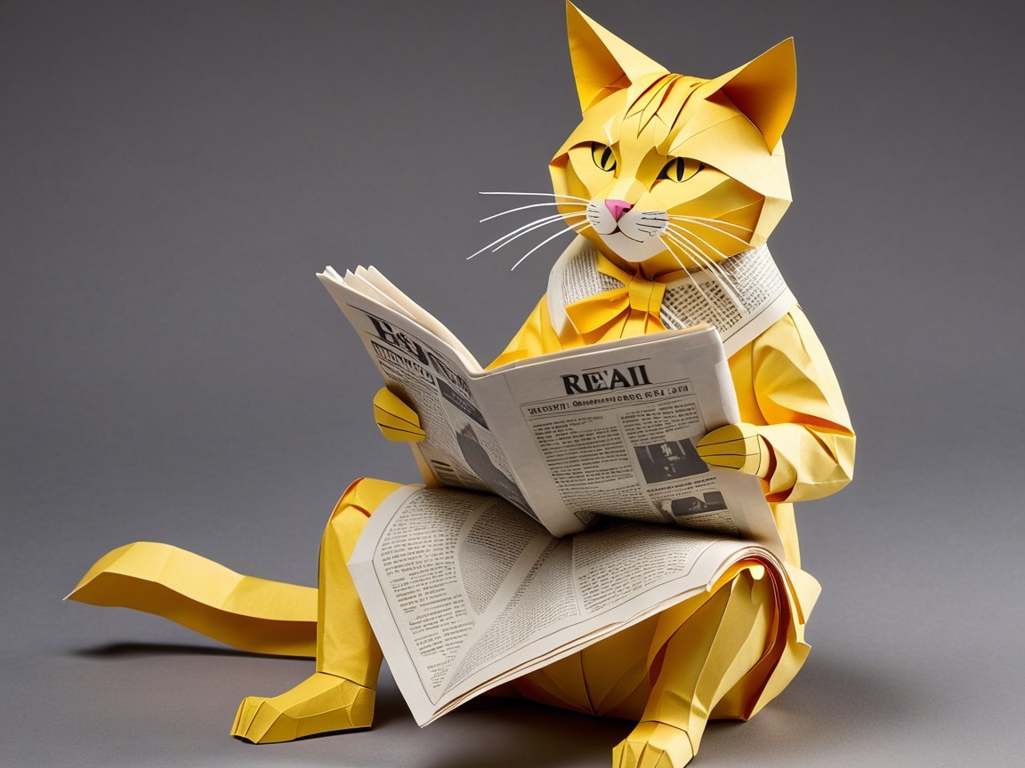 Whimsical Yellow Origami Cat Reading a Newspaper
