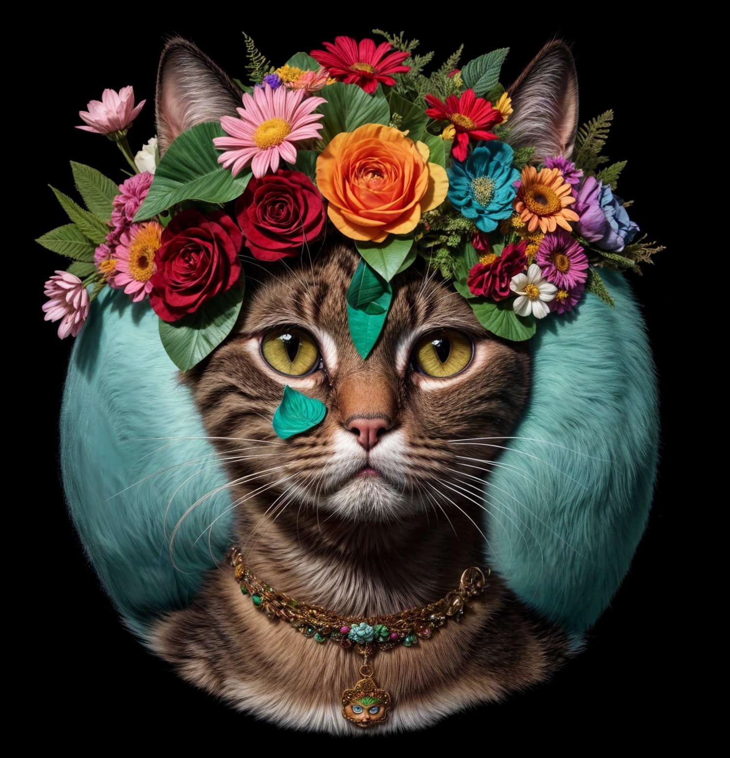 Majestic Cat with Floral Crown and Elegant Accents
