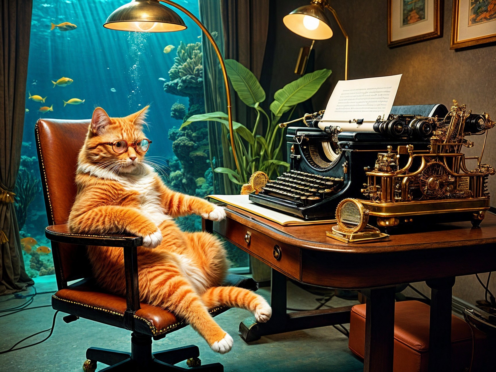Ginger Cat in Glasses at Vintage Desk with Aquarium