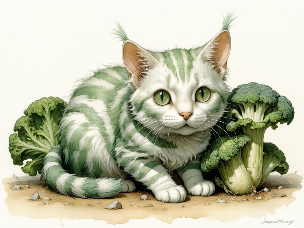 Whimsical Cat with Broccoli-Inspired Coat Design