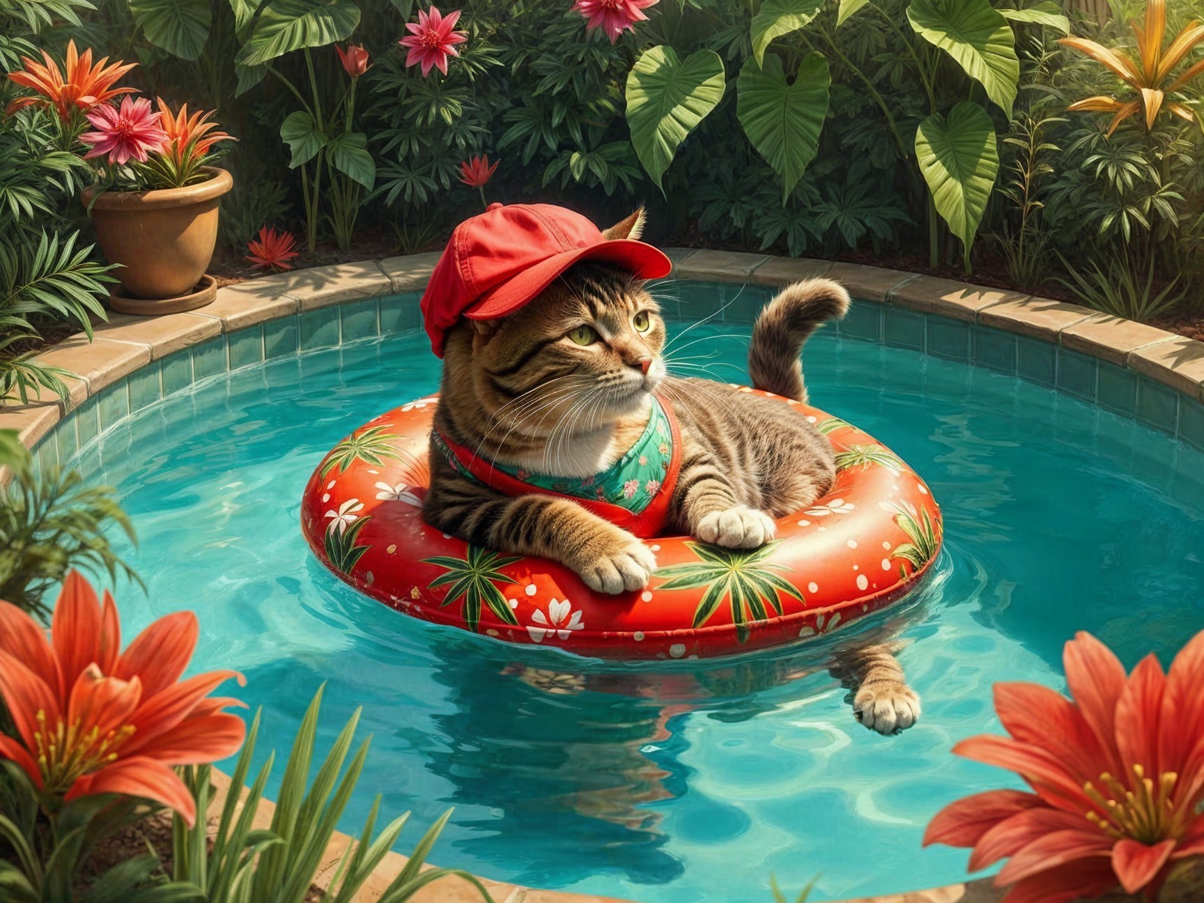 Cat in a red cap floats in a tropical pool setting