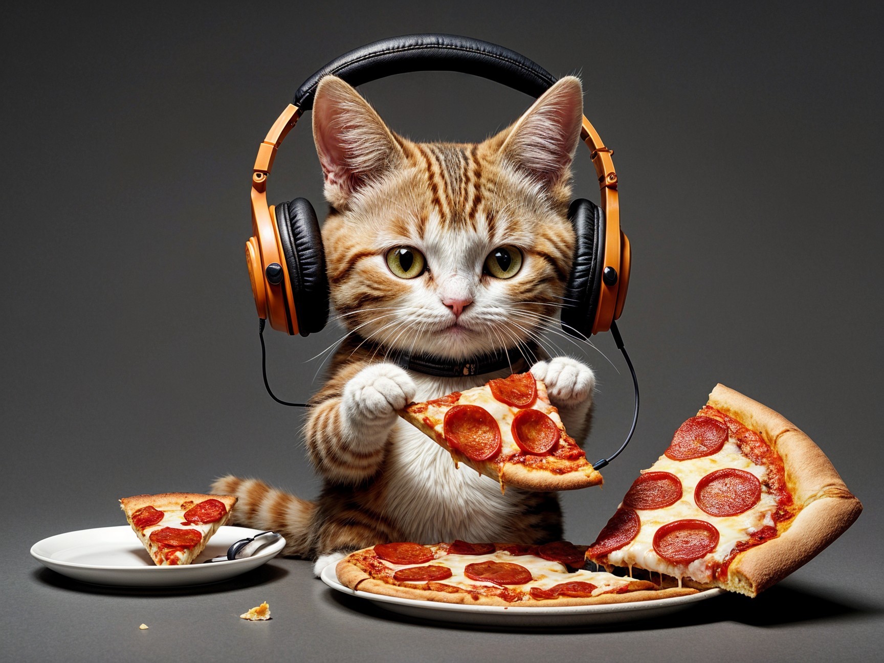 Striped Kitten with Headphones Enjoys Pizza at Table