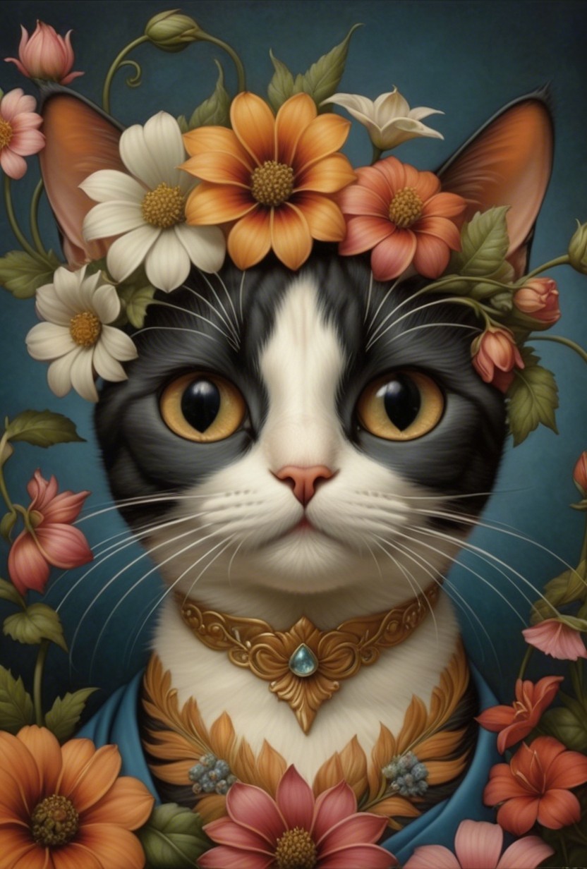 Cat with Floral Crown and Golden Collar on Blue Background