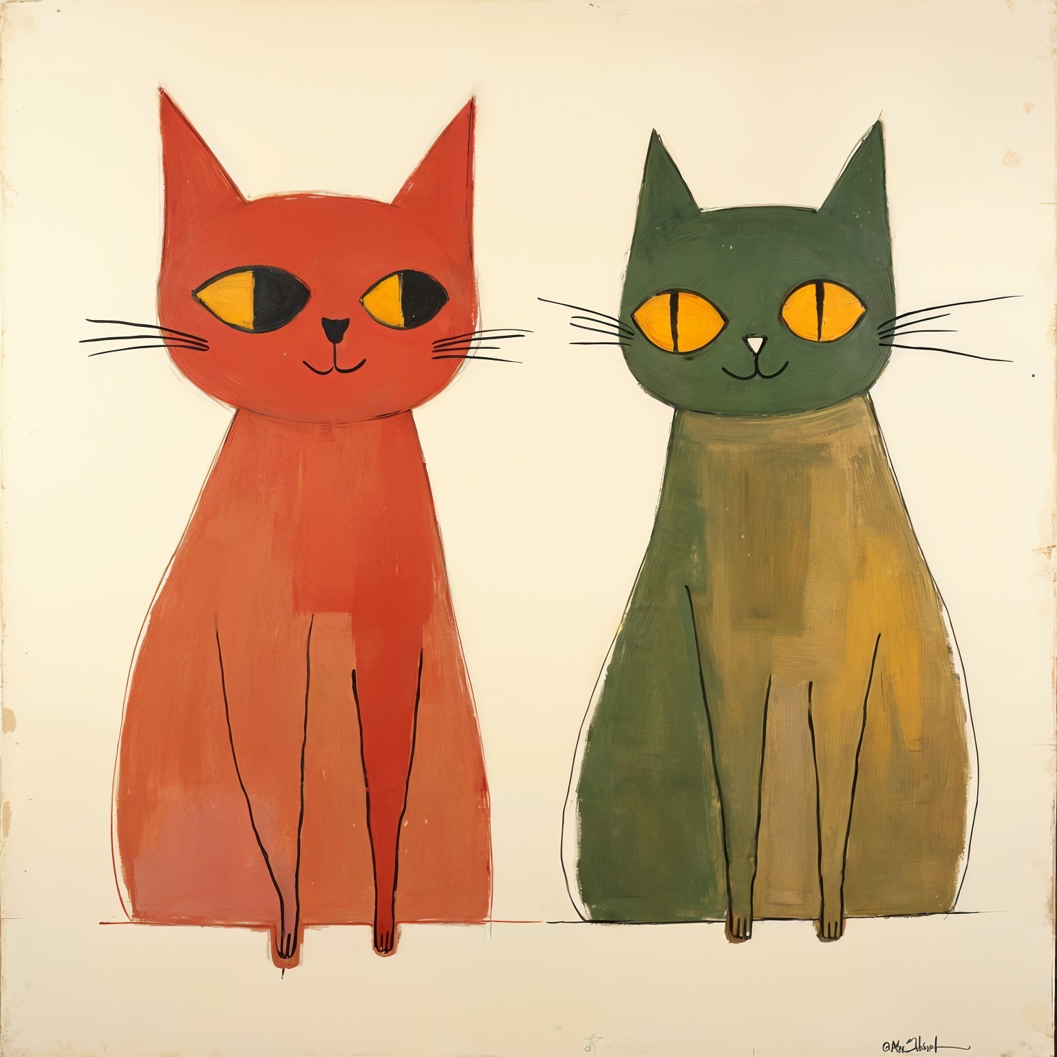 Stylized cats in red and green with yellow eyes