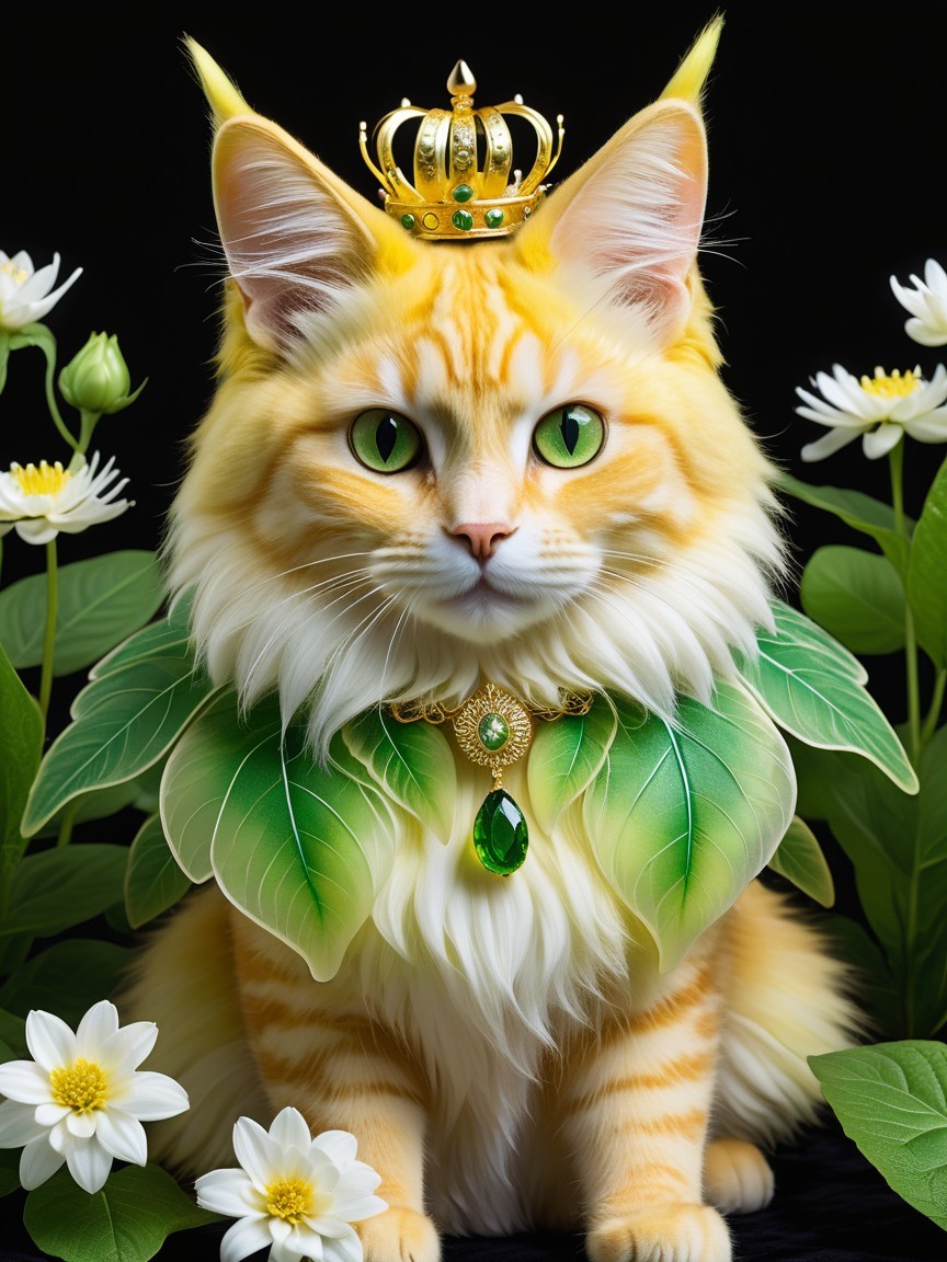 Regal Golden Cat Surrounded by Greenery and Flowers