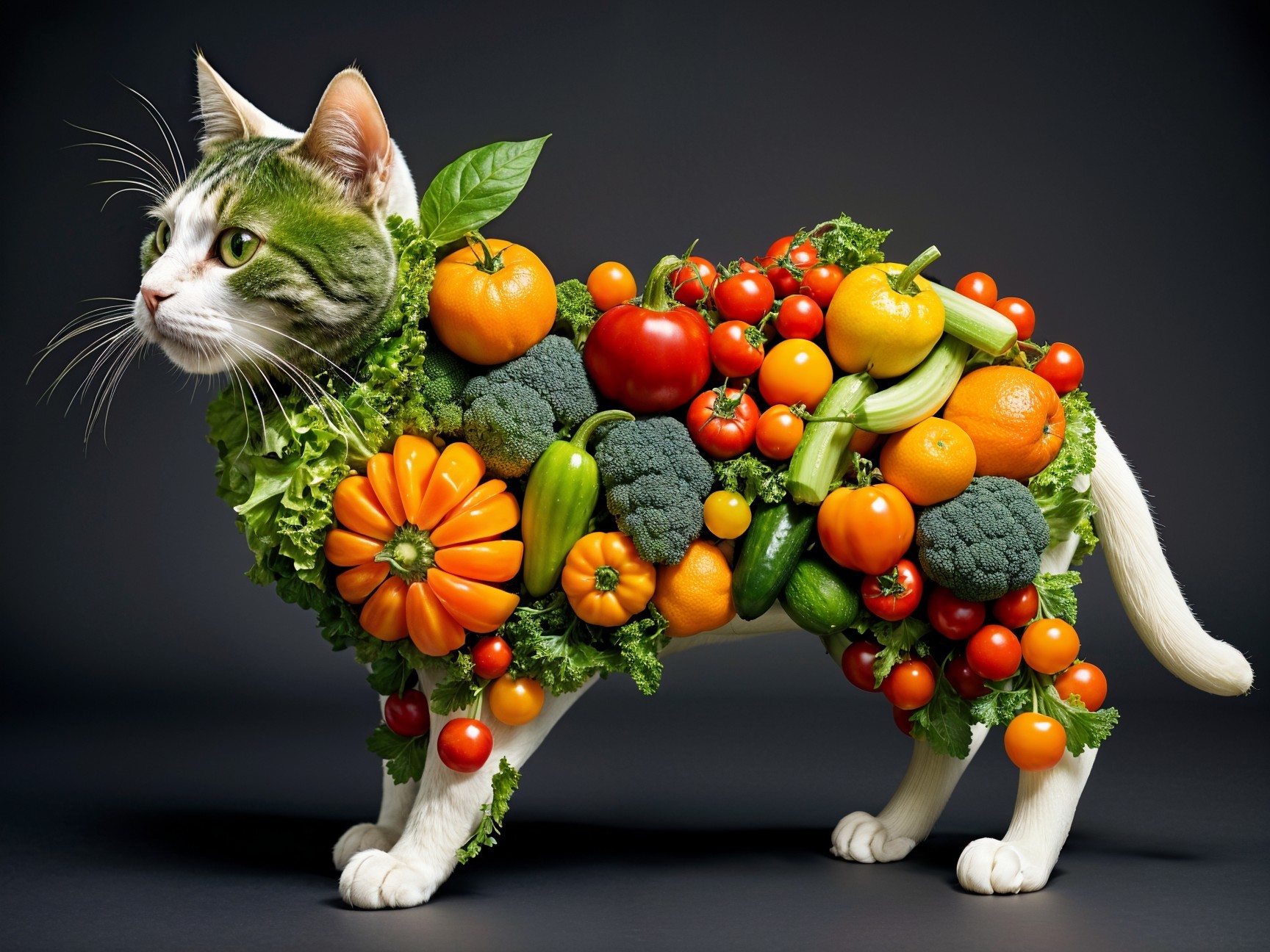 Cat Covered in Colorful Fruits and Vegetables