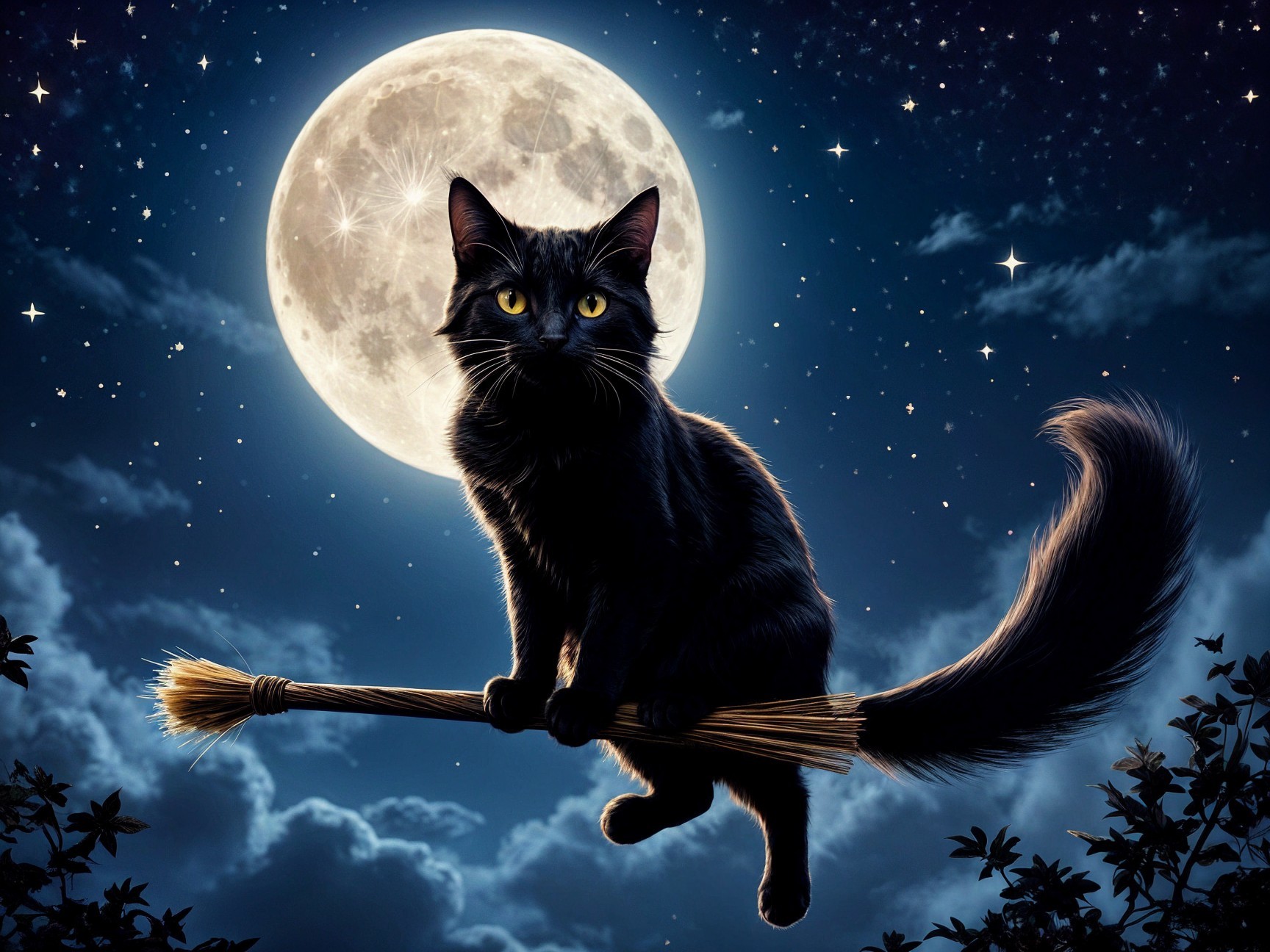 Black Cat on Broomstick Under Starry Night Sky