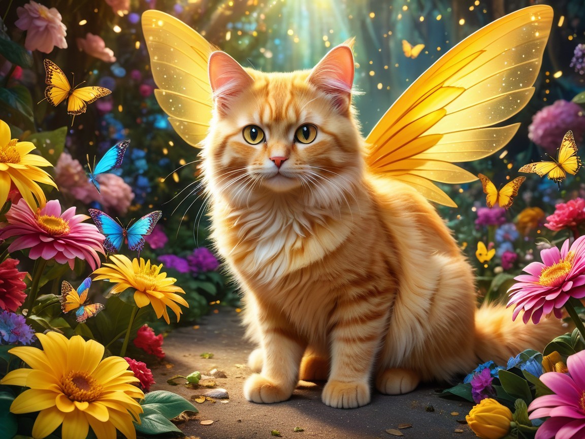 Orange Cat with Butterfly Wings in Vibrant Garden