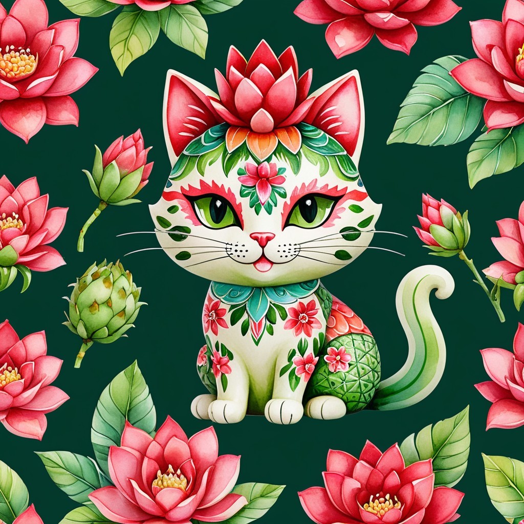 Colorful Cat with Floral Patterns on Dark Green Background