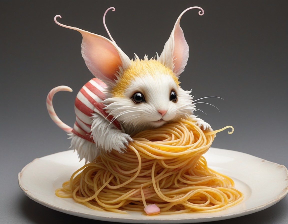 Cartoonish creature with spaghetti in a playful scene
