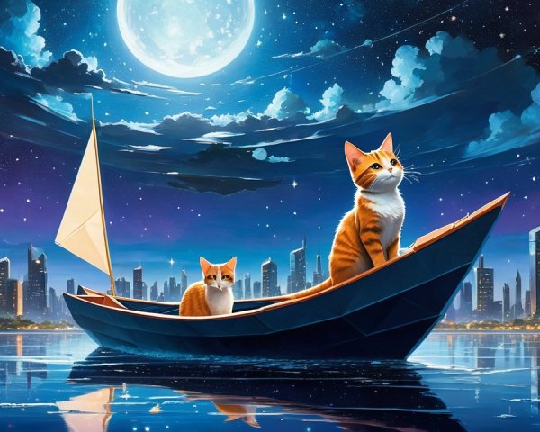 Orange tabby cats in a boat under a full moon