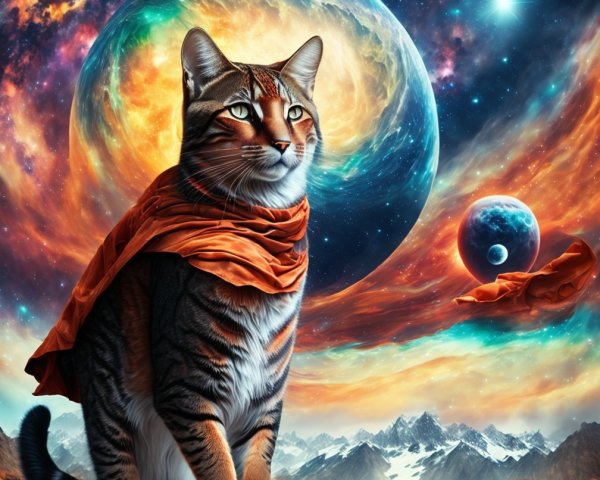 Majestic Tabby Cat in Cosmic Landscape Setting