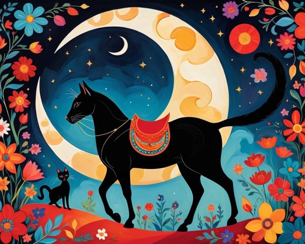 Black Cat with Saddle Under Crescent Moon and Stars