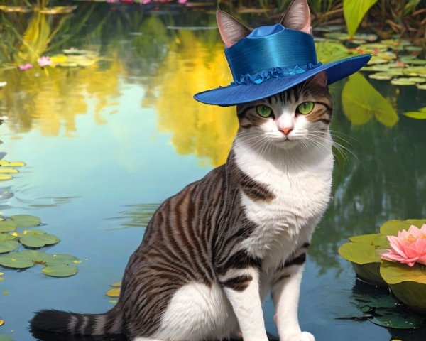 Stylish Tabby Cat by Serene Pond with Lily Pads