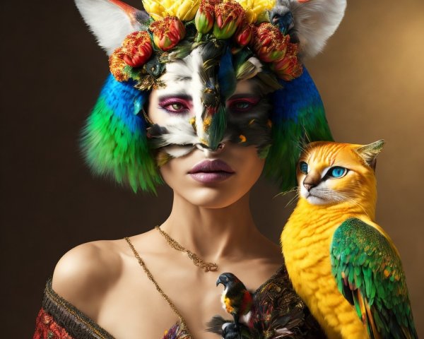 Portrait of a person with a floral and animal mask