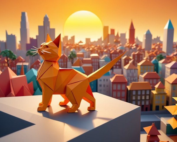 Origami Cat Overlooking Colorful Cityscape at Sunset
