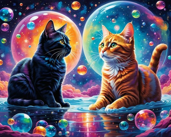Vivid Cats on Reflective Surface with Cosmic Background