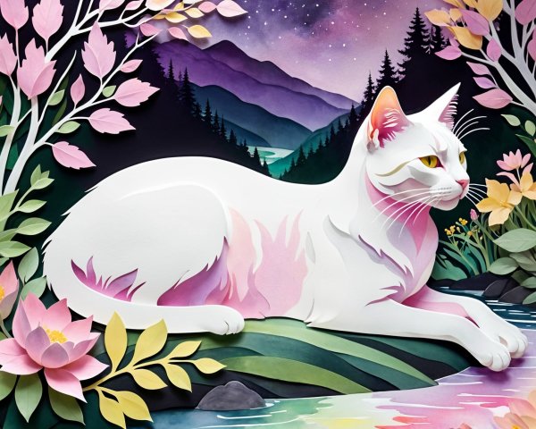 White Cat Amidst Flowers and Mountains at Night