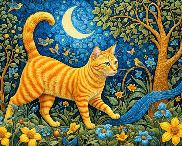 Whimsical Garden Scene with Orange Tabby Cat and Moon