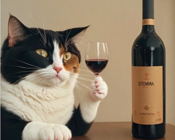 Calico Cat with Wine and Snacks at Wooden Table