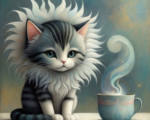 Charming Cat with Teacup in Dreamy Background