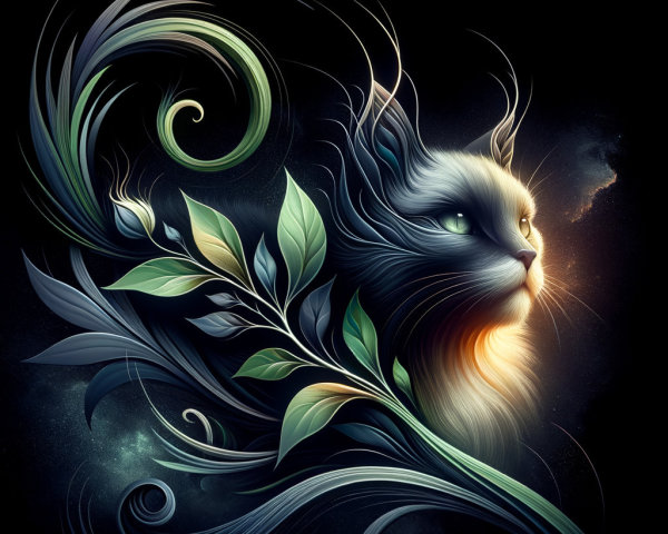 Ethereal Cat Surrounded by Cosmic Leaves and Tendrils