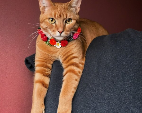 Orange Tabby Cat on Gray Couch with Flower Collar