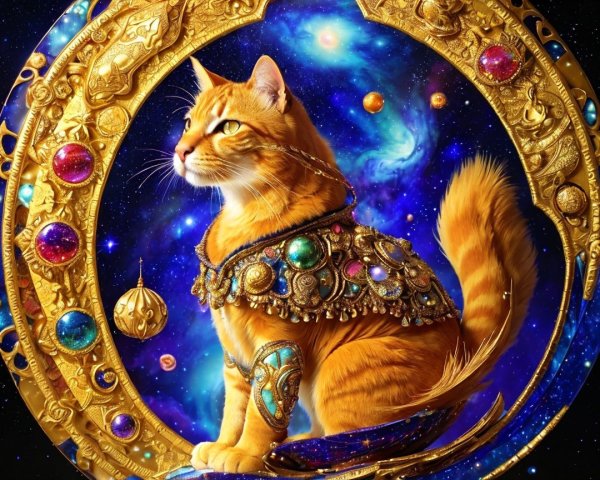 Regal Orange Cat in Cosmic Scene with Golden Jewelry